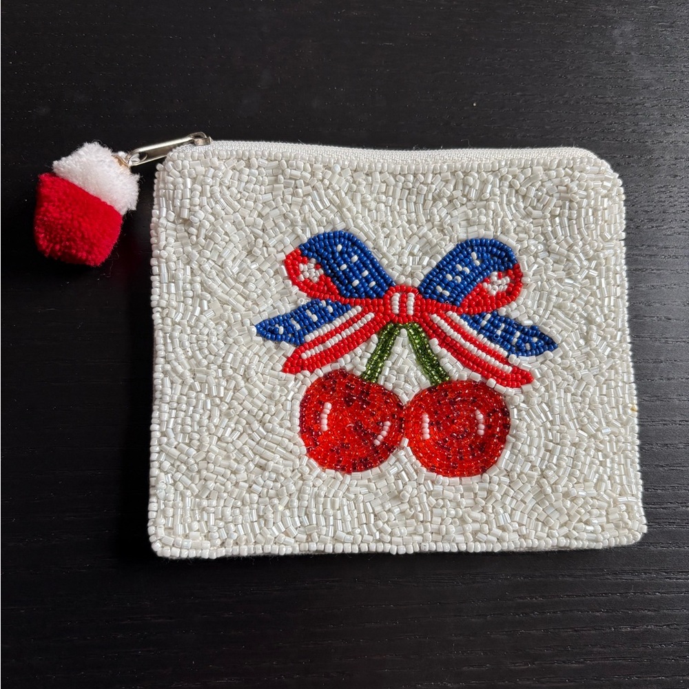 NWOT Beaded Red White and Blue Cherry and Bow Wallet